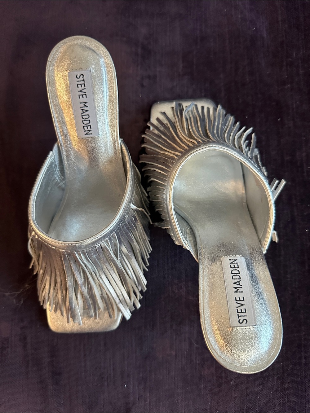 Steve Madden Metallic Silver Fringe Mules